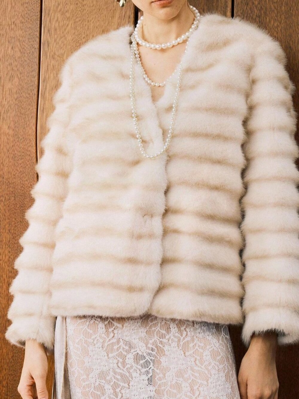 Apricot Elegant Women's Furry V-Neck Wavy Pattern Loose Fit Short Jacket